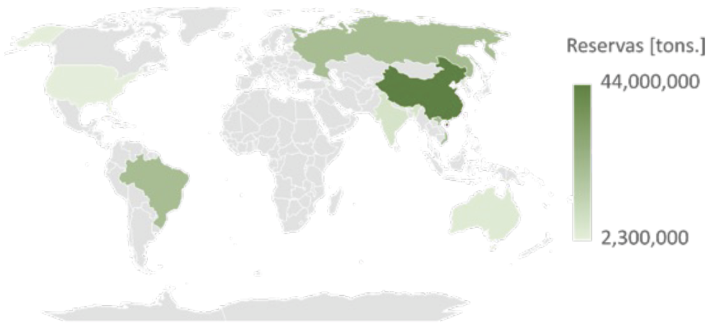 Figura 1. Mapa mundial de reservas de tierras raras 
elaborado a partir de los datos de la Tabla 1.
